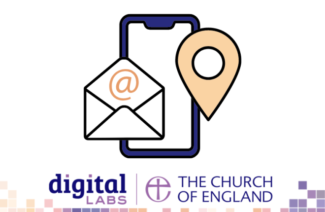 Graphic showing a phone, email icon and location pin with digital labs branding